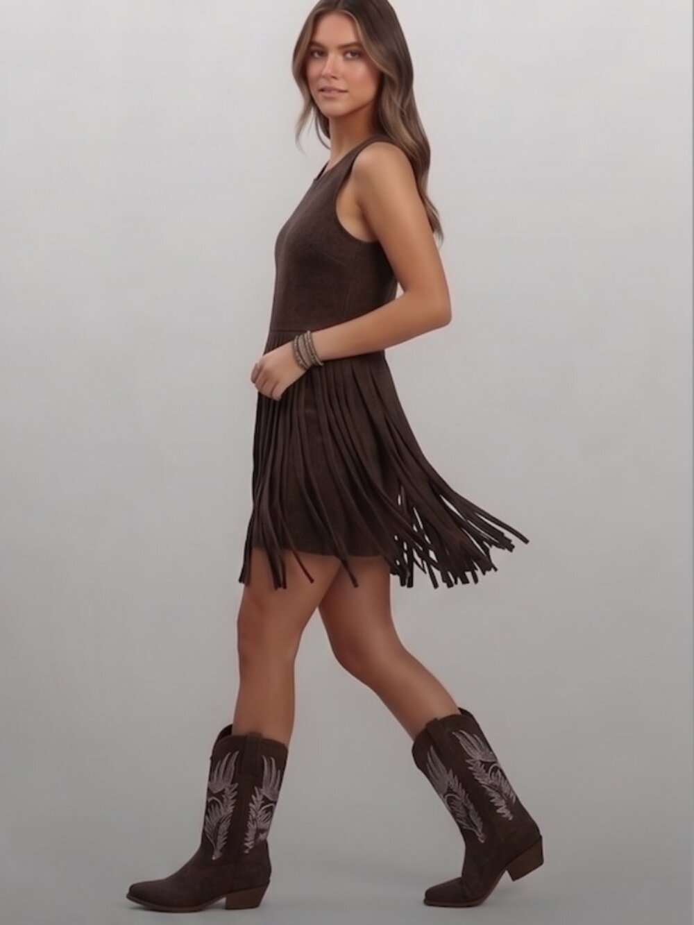 Boho Western Fringe Zip Up Dress -Vest Brown - Picture 2 of 4